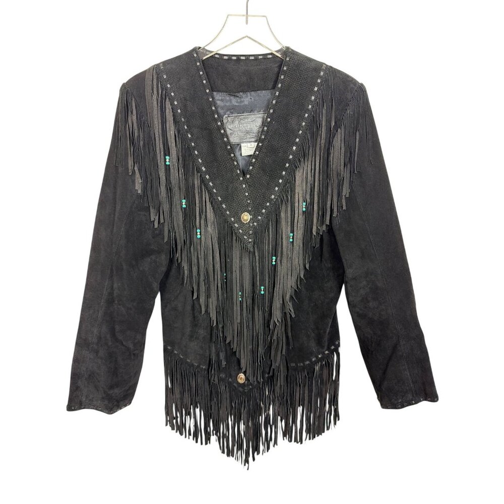 Vintage Womens Genuine Leather Black Fringe Jacket With Turquoise Bead Accents S - Picture 2 of 16